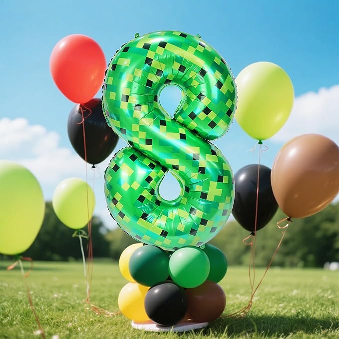 40in Pixel Giant Number 8 Balloon Birthday Decorations, Miner Theme Green Foil Balloons Blast Gaming Party Supplies
