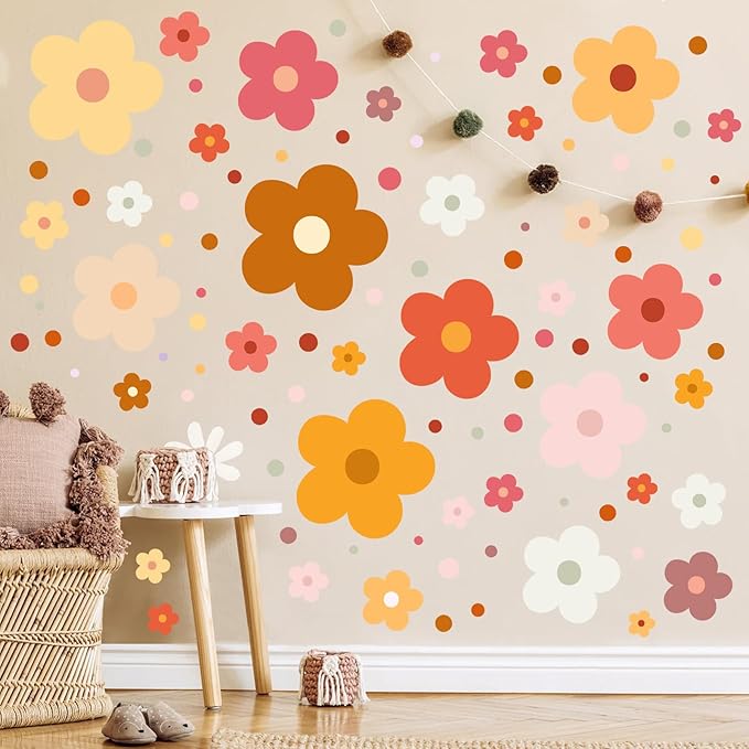 Glow in The Dark Y2k Cute Flowers Wall Decals，Glowing Luminous Colorful Boho Floral Wall Stickers Removable self-Adhesive Flower Decals for Girls Bedroom Kids Baby Nursery Living Room (Classic Color)