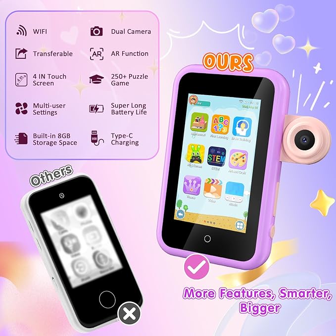 VATOS Kids Smart Phone Toy for Girls Boys 3 4 5 6 7 8 9 Years Old, 4" Large Touchscreen Mermaid Style Kids Cell Phone with Dual Camera, Music Player, Puzzle Game, 8GB Memory Learning Toy Birthday Gift