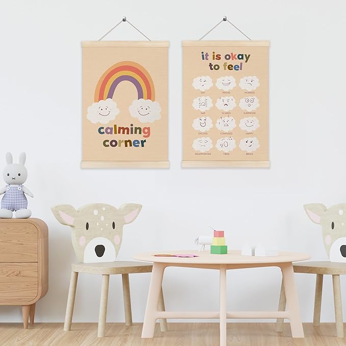 Koesus Calming Corner Posters for Kids, Emotional Chart Wall Art Poster Hanger Frame 12x16 Inch Set of 2, Boho Mental Health Canvas Pictures Prints Framed Wall Decor for Classroom