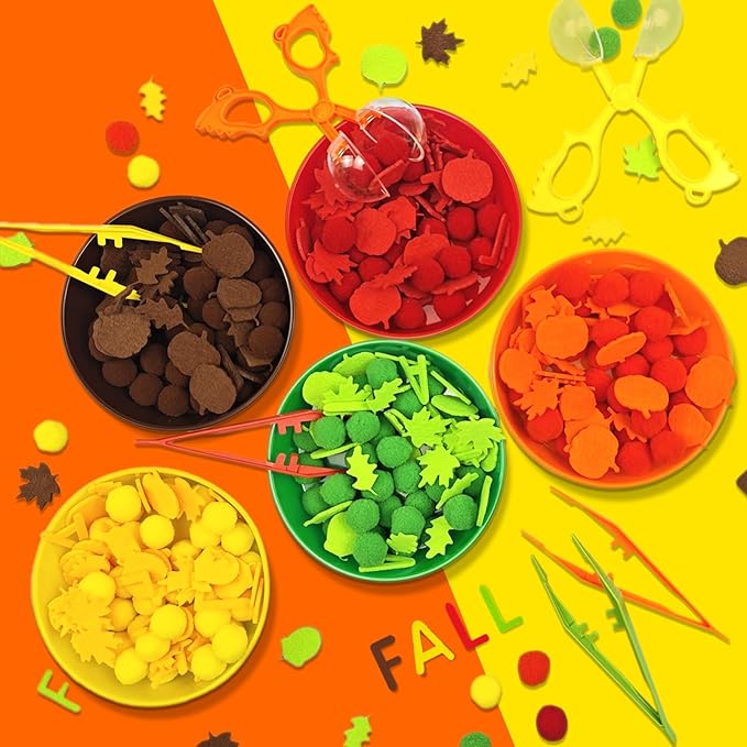 211 Pcs Fall Sensory Bin Filler Fall Sensory Bin Items Fine Motor Toys Counting Sorting 100 Pom Poms 100 Fall Felt Leaves Pumpkin 5 Sorting Cup for Fall Sorting Counting Training