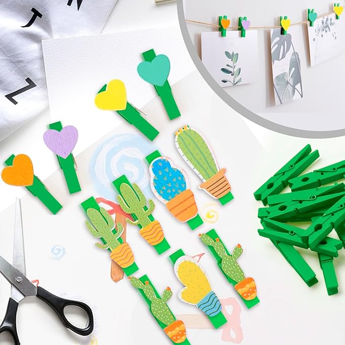 50PCS Colored Wooden Clothespins, 2.9inch Green Clothes Pins for Clip Pictures Photos Decorative, Small Colorful Wood Decoration Closepins Clips