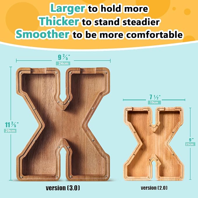 Summidate Customized Name Extra Large Wooden Piggy Bank for Kids Boys Girls Alphabets Letter A-Z Coins Bills Money Change Saving Box Clear Cover (Laser Engraved) Educational Toys 12"- Letter X