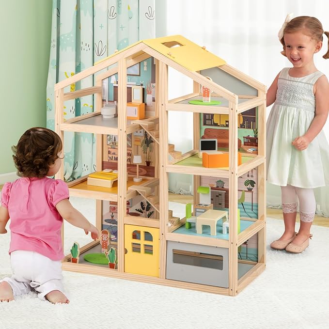HONEY JOY Doll House, Wooden Dollhouse Playset w/7 Rooms, 21 Accessories & Miniature Furniture, Pretend Play Toys Kit, 2.46 Feet Big Doll House, Christmas Birthday Gift for Girls Boys Age 3+