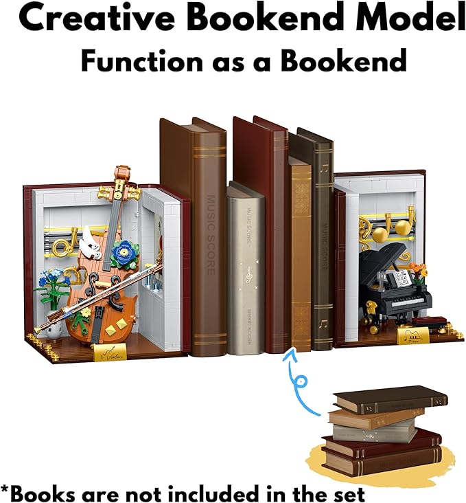 3 in 1 Music Themed Bookend Building Block Toy Set with LED Bricks, Creative Piano and Violin Building Bookstand Model, Home Décor Gift Ideas for Children and Adults (1520 pcs)