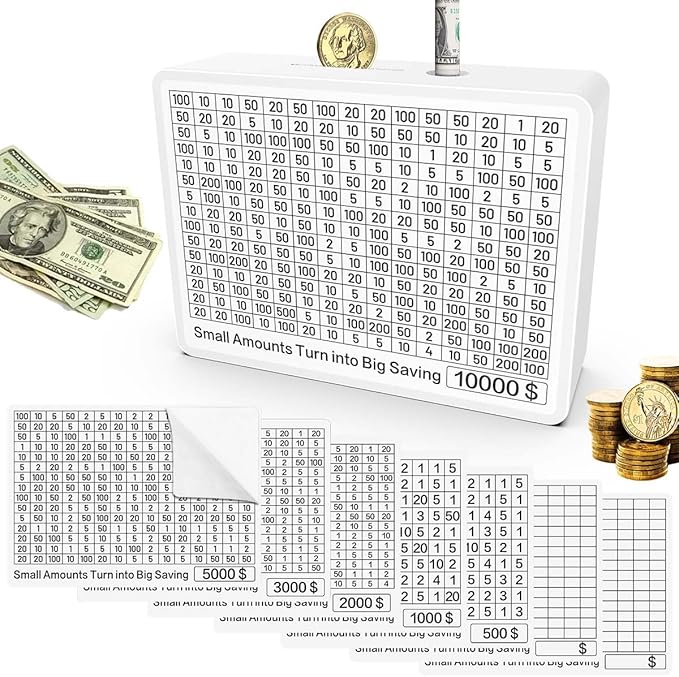 Piggy Bank for Adults Kids, Wooden Coin Bank for Boys and Girls, Cash Vault Money Saving Box with Counter $10000 $5000 $1000 Savings Challenge Money Box with Money Target and Numbers (White Color)