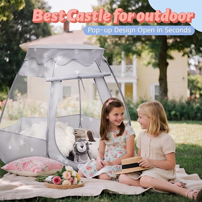 Pop Up Play Tent with Star Light：Neutral Toy for Boy Girl Birthday Gifts, Portable Ball Pit with Outdoor Carry Bag, Collapsible Kids Tent for Toddler Indoor Activity Playhouse, NO Balls(Grey)