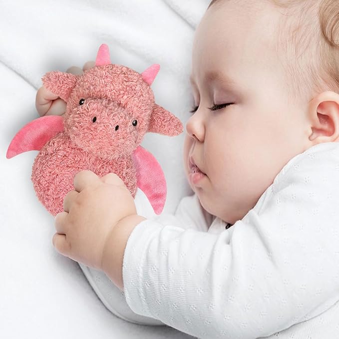 Baby Dragon Soft Rattle Toy, Plush Dinosaur Infant Shaker Rattle Easy-Grasp Stuffed Animal Toy, Gifts for Newborns Babies Toddlers Boys Girls, Pale Red, 6 Inches