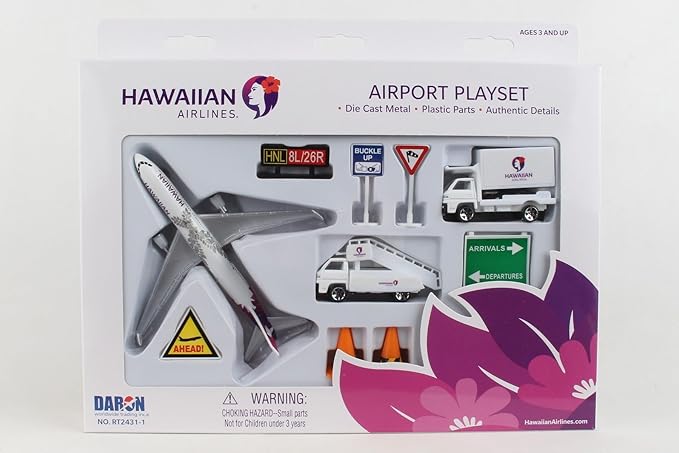 Daron Hawaiian Airlines 12 Piece Playset with Die-Cast Metal Model Airplane with Plastic Parts, Cars and Transportation Toys for Kids Ages 3+