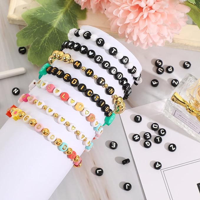 Letter Beads, DECYOOL Acrylic Alphabet Beads with 1 Roll Elastic String for Bracelet Necklace Jewelry Making Supplies (Black White)
