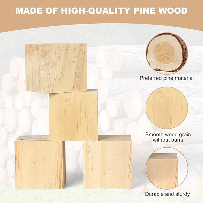 4PACK Wooden Blocks for Crafts, Unfinished Wood Cubes Blocks, 3 Inch Natural Wood Square Blocks, Wooden Cubes for Arts and Crafts and DIY Projects