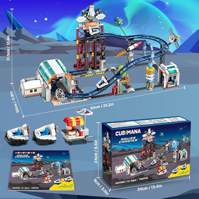 Space Roller Coaster Building Sets - Rollercoaster Building Toy with Rocket, Lift Platform, Satellitesr, Carriage, Food Cart, 926PCS Space Adventure Park for Adults Teens Kids Boys Ages 8-12