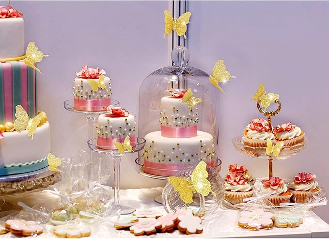 BBTO 48 Pieces Butterfly Wall Decor DIY Mirror 3D Butterfly Stickers Removable Decals for Home Bedroom School Bathroom Living Room Decor(Glitter Gold)