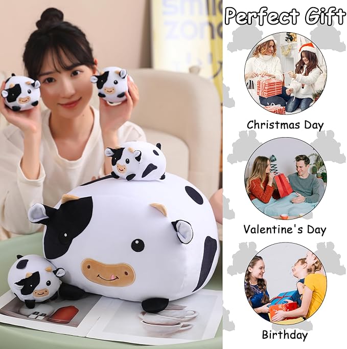 SQEQE Cow Stuffed Animal 5 in 1, Cute Cow Plush Bedtime Toys, Ultra Soft Dairy Cattle with 4 Babies Inside, Milk Cows Soft Plushies Pillow Gift for Kids Birthday Christmas Valentine's