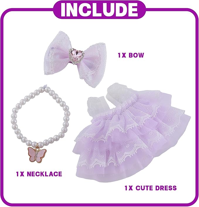 17cm Doll Clothes Set 3-Piece Doll Clothing Set with Purple Dress Necklace and Butterfly Decor Accessories for 17cm Plush Dolls, Clothes Only, No Doll Included