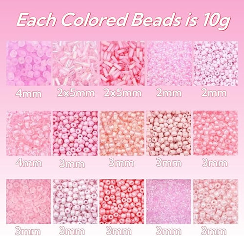 15 Color 4mm Small Assorted Glass Seed Beads,3mm Bugle Beads Friendship Bracelet Kit,2mm Tiny Tube Bead for Jewelry Making(Pink)