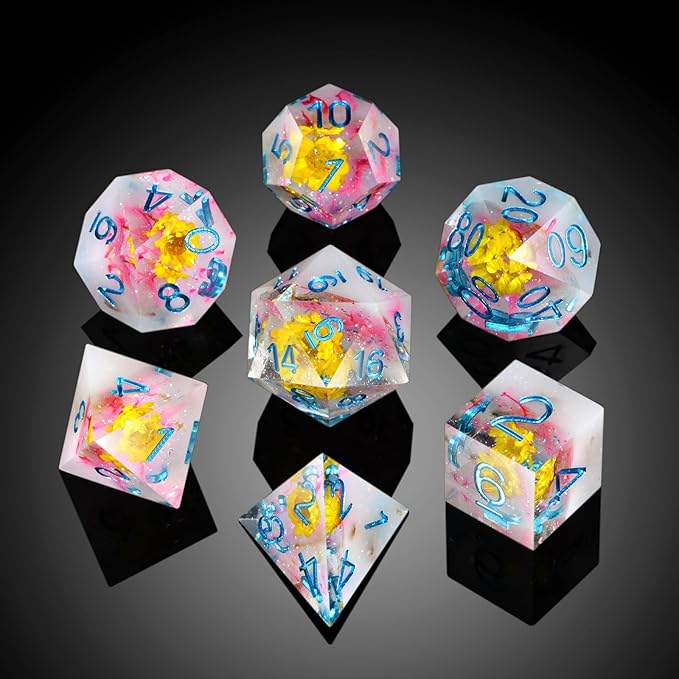 Resin DND Dice Set DNDND Handmade Flower Sharp Edge D&D Die with Gift Case for D&D Dungeons and Dragon Tabletop Games (Chrysanthemum)