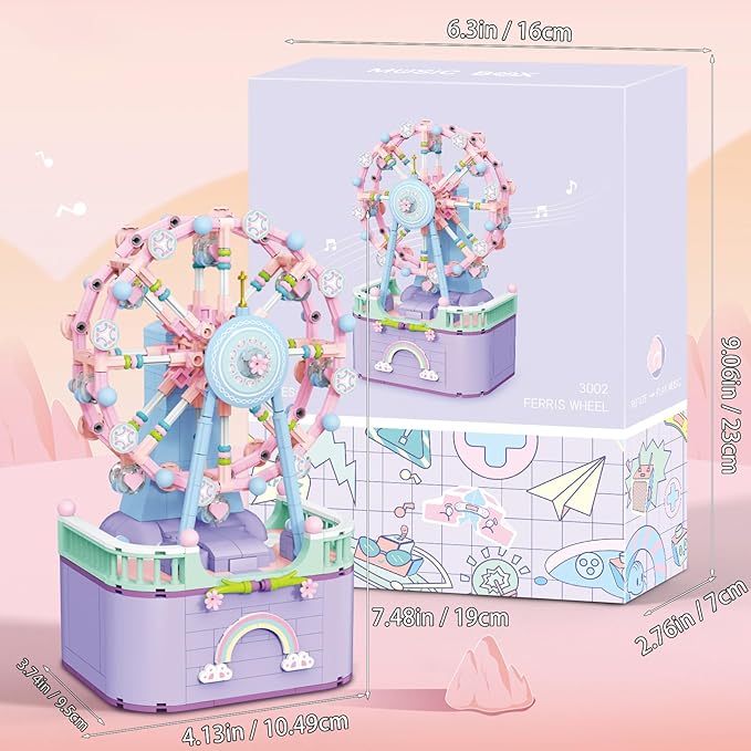 Music Box Building Toys, Rotating Ferris Wheel DIY Building Block for Girls and Boys 6-12 Years Old, 710 pcs, Christmas and Valentine Gifts for Adults and Aged 8 9 10 11 12 Kids