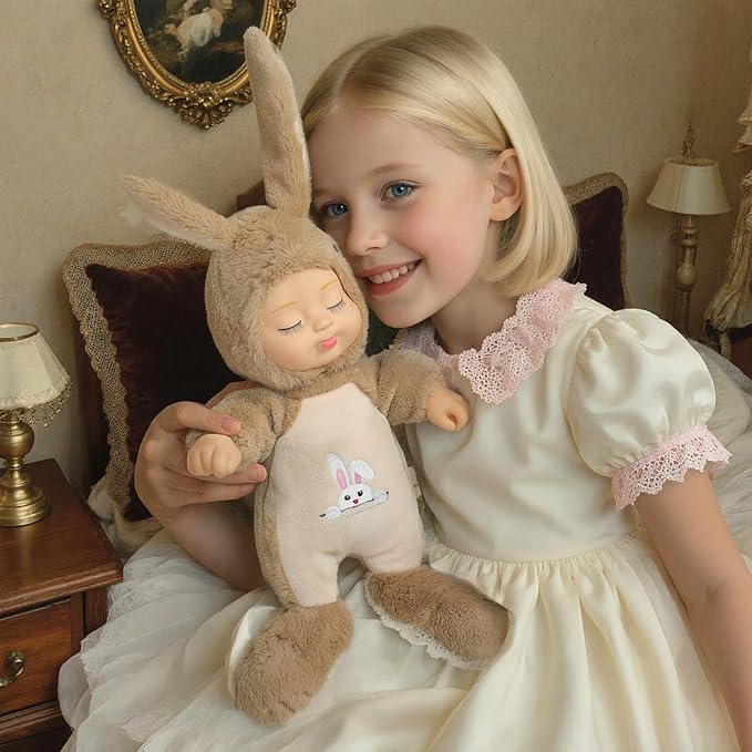 Plush Animal Toys,Interactive Singing Plush Rabbit Doll,14in soft plush closed eye sleeping newborn baby doll,with interactive music box that sings,removable hat.suitable for children aged 3+.