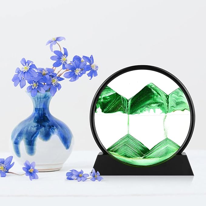 Moving Sand Art Picture - 3D Quicksand Painting Decor - Round Glass 3D Deep Sea Sandscape - Relaxing Home Decoration Desk Toys for Home Office Desk Mantle Bookshelf- (Green, 12 in)