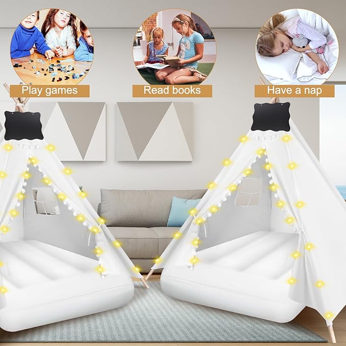 6 Pcs Kids Teepee Tent Bulk with Light String Inflatable Airbed Bedding Fitted Sheet and Markeable Small Blackboards for Boys Girls Indoor Outdoor Slumber Party (White)