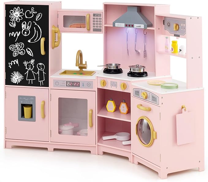 GLACER Corner Wooden Play Kitchen for Kids, Large Pretend Play Kitchen Playset with Sound, Light, Chalkboard, Microwave, Ice Maker, Washing Machine, Accessories, Toy Kitchen Set for Ages 3+ (Pink)