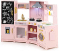 GLACER Corner Wooden Play Kitchen for Kids, Large Pretend Play Kitchen Playset with Sound, Light, Chalkboard, Microwave, Ice Maker, Washing Machine, Accessories, Toy Kitchen Set for Ages 3+ (Pink)