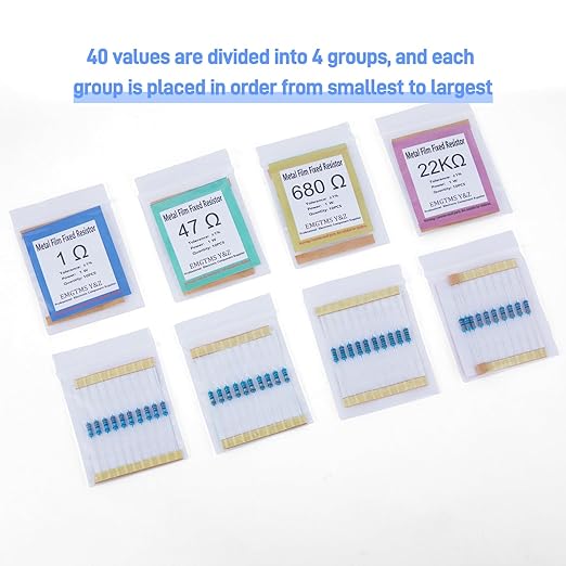 40 Values 400 Pcs 1W Resistor Kit 1Ω-1MΩ ±1% Metal Film Resistors Assortment for Electronics Projects and DIY Experiments