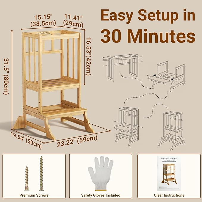 COSYLAND Toddler Step Stool Height Adjustable – Portable Kids Kitchen Stool Helper with Stabilizing Base Block – Toddler Standing Tower for Bathroom Kitchen Living Room Dining Room (Natural)