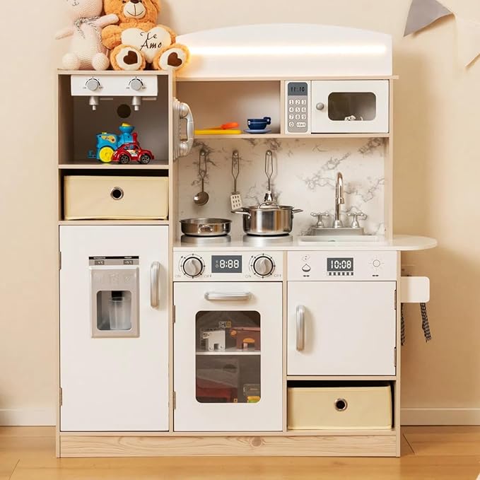 HONEY JOY Kids Kitchen Playset with Lights, Wooden Little Chef Toy Kitchen Set w/2 Storage Bins, Coffee Maker & Microwave & Ice Maker & Oven, Play Kitchen for Toddlers, Gift for Boys Girls (Natural)