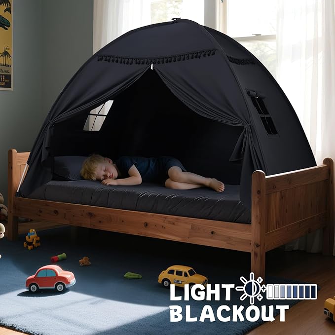 Sumbababy Full Size Bed Tent Canopy: Lights & Flags Indoor Floor Bed Kids Tent Playhouse - Space Blackout Sleeping Tents Indoor Breathable Portable Cottage Drafty Room Floor (Large Black)