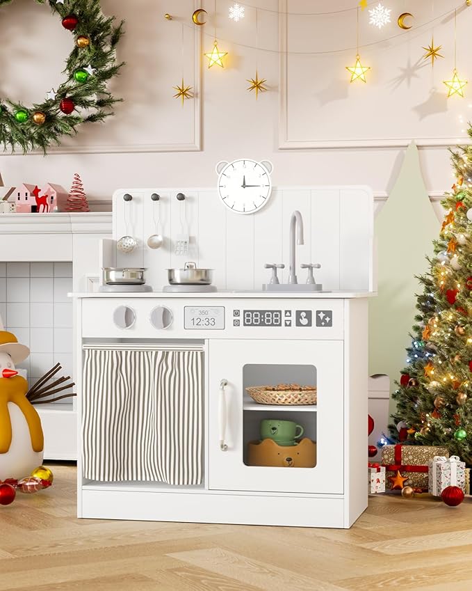 MAMIZO Kids Kitchen Playset with Ample Storage, Interactive Play Kitchen with Simulated Gas Cooker, Clicking Knobs, Sink, Faucet, 6 Pcs Cookware, Educational Clock for Toddlers (White)