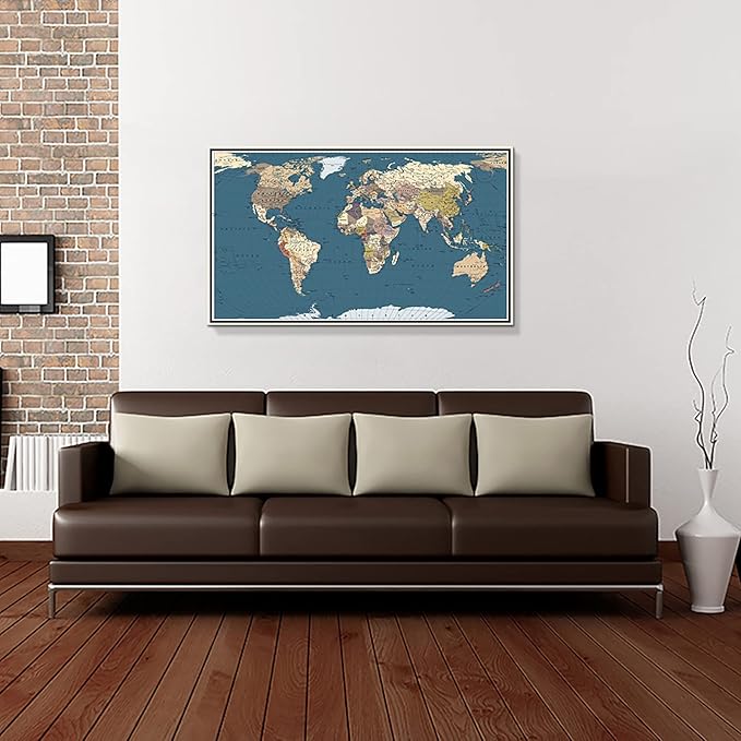 WELMECO Large Office Wall Decoration Detailed World Map Canvas Prints with Premium White frame Push Pins Travel Map of The World Picture Artwork for Modern Home Office Living Room Decor