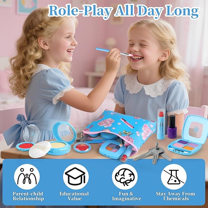 Pretend Makeup Kit for Kids 3-5, Blue Fake Makeup Set for Toddlers Girls, Play Makeup Gifts for Little Girls Age 3 4 5 6 7 Year Old, Make Up Toys Birthday (Blue)