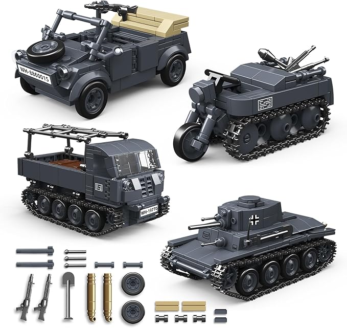 4 IN 1 WW2 Army Tanks Toy Building Block Set(1089 Pcs),Compatible with Lego,Create German 38T-A Light Tank&3 German Style Small Military Vehicles Models Great Military Toy Gift for Boy Age 6+ Year Old