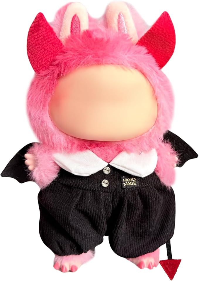 17cm Doll Clothes for Labubu Halloween - Kawaii Chic Style Set for 17cm Dolls, Cute Doll Outfit with Accessories - Black Halloween Romper with Bat + Red Little Devil Horns (Clothes Only)
