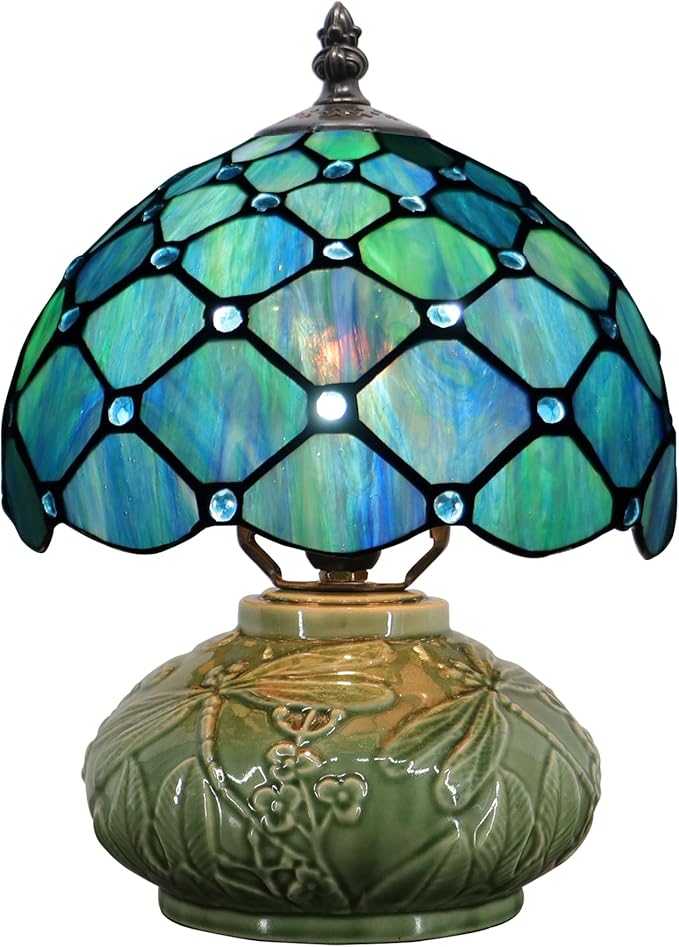 Small Tiffany Lamp Mushroom Table Lamp, Mini Stained Glass Desk Light Memory Sympathy Ceramic lamp 8X11 Inch (Sea Blue Pearl Style)