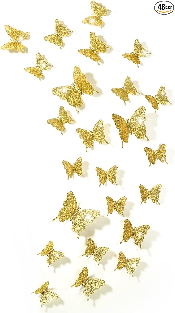 BBTO 48 Pieces Butterfly Wall Decor DIY Mirror 3D Butterfly Stickers Removable Decals for Home Bedroom School Bathroom Living Room Decor(Glitter Gold)