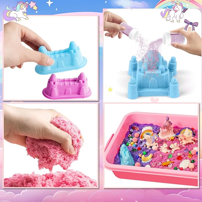 Bbiamsleep Unicorn Sensory Bin, 493 Pcs Unicorn Sand Kit with Sandbox Color Sensory Sand 6 Castle Mould 9 Tools for Birthday Party