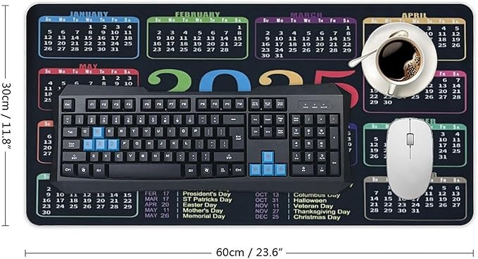 Black Calendar 2025 Desk Pad, Gaming Mouse Pad, Non-Slip Rubber Base, Stitched Edges，23.6x11.8 inch Computer Mouse Mat Keyboard for Home Office