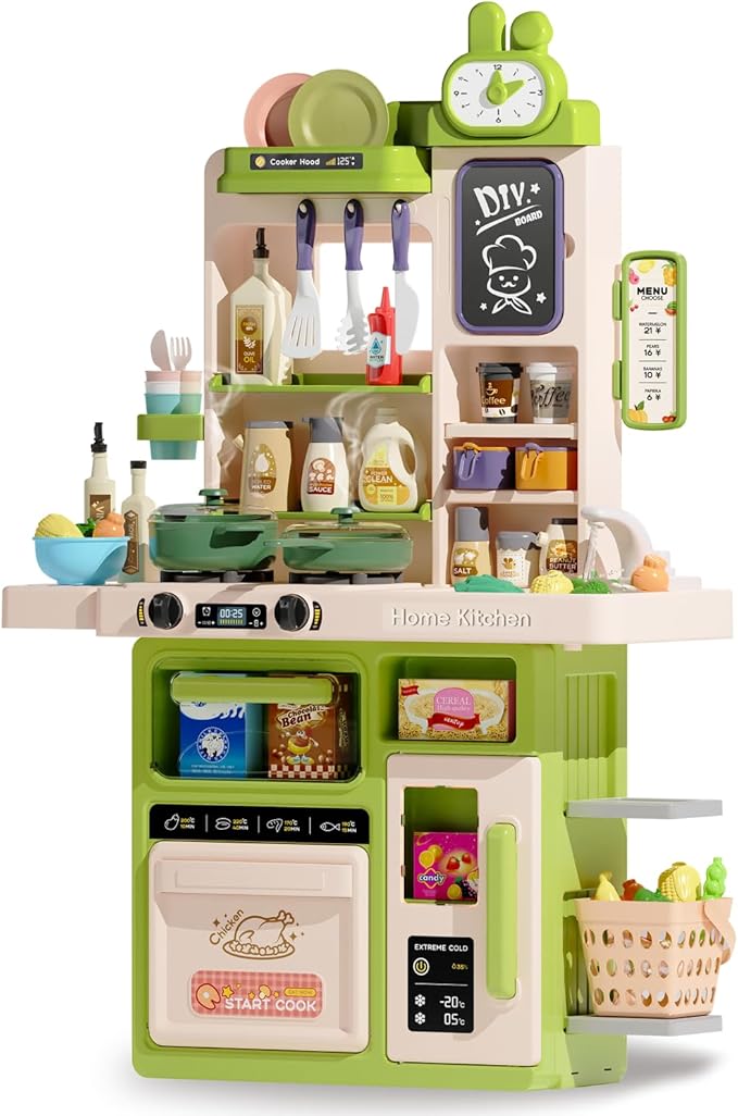Kids Kitchen Playset Set, 63PCS Pretend Play Kitchen Toys for Toddlers, Cooking Stove with Steam Sound Light, Play Sink with Manual Faucet, Play Food Accessories Gift for Boys, 33’’H Green
