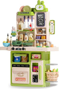 Kids Kitchen Playset Set, 63PCS Pretend Play Kitchen Toys for Toddlers, Cooking Stove with Steam Sound Light, Play Sink with Manual Faucet, Play Food Accessories Gift for Boys, 33’’H Green