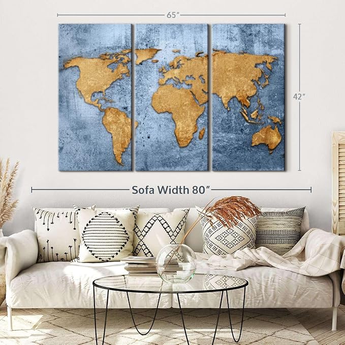 ElephantStock Azure World Map Wall Art Multi Piece Canvas - 3 Panel Wall Decor - Map of the World Art - Canvas for the Office and Home - 65" X 42"