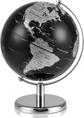 8" World Globe, Black Earth Globe with Silver Accents, Metal Stand, Non-slip Base & Time Zone, Decorative Tabletop Desk Globes for Classroom, Office & Home