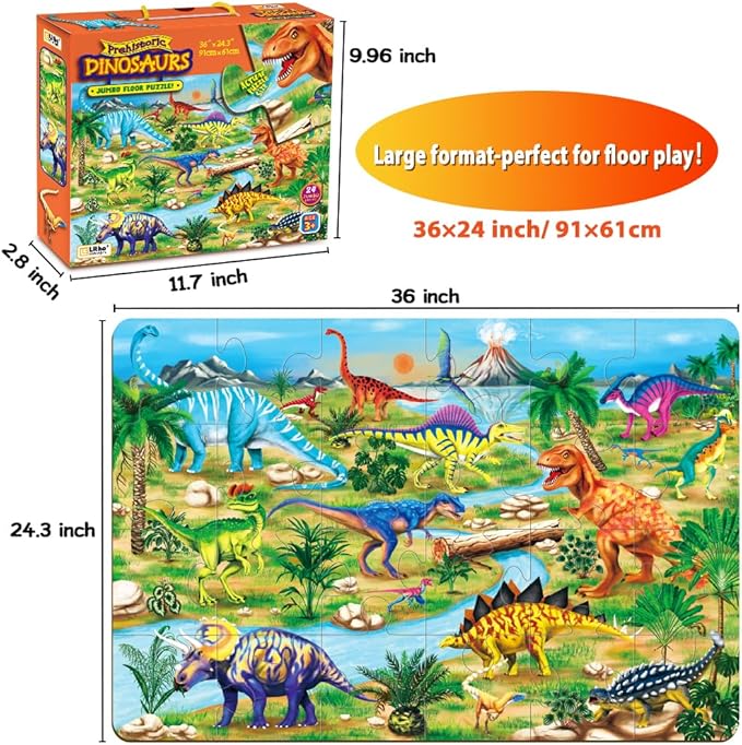 Dinosaur Floor Puzzle for Kids Ages 3-6, Jumbo 24-Piece Large Jigsaw Puzzle, Educational Preschool Toy for Boys and Girls, STEM Learning Gift for Toddlers