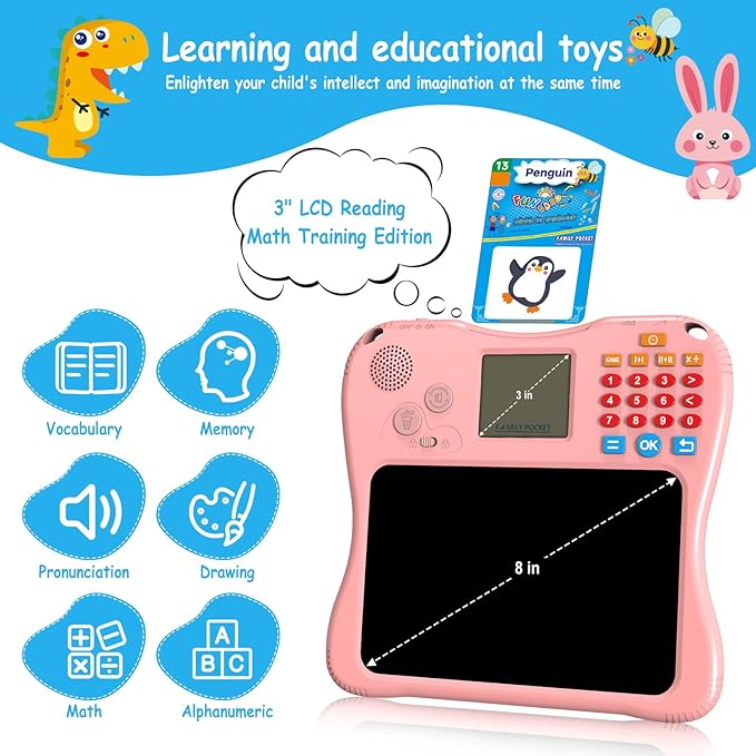 EASEGMER 3 in 1 Educational Learning Travel Toys - 8'' Drawing Tablet and 130 Talking Flash Cards Toddler Writing Tablet and Preschool Learning Activities, Best Gift for Girls/Boys 3-12 Years