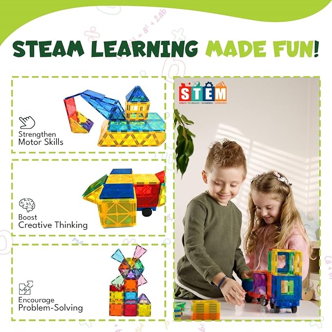Magnetic Tiles 150 PCS with 2 Cars - STEM Building Blocks for Kids,Safe Magnatiles for 3+ Preschool Toddlers, Educational Gift for Boys & Girls