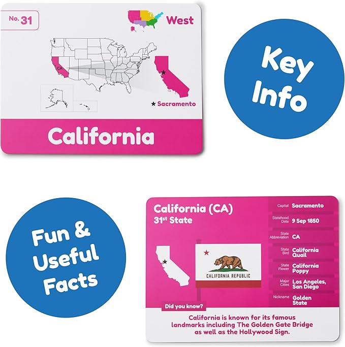 U.S. States Flash Cards for Kids | 50 State Geography Cards with Capitals, Flags, State Birds & More | Educational Flashcards for Learning U.S. History & Facts | Ages 4, 5, 6,7, 8, 9, 10