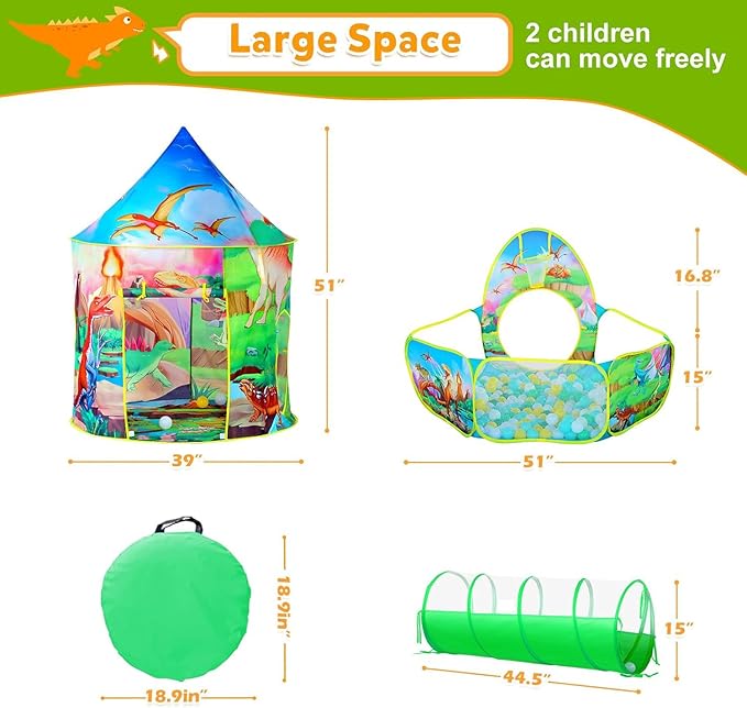 3pc Dinosaur Play Tent for Boys with Ball Pit, Crawl Tunnel, Play Tents for Toddlers, Baby Space World Playhouse Toys, Boys Indoor& Outdoor Play House, Perfect Kid’s Gifts