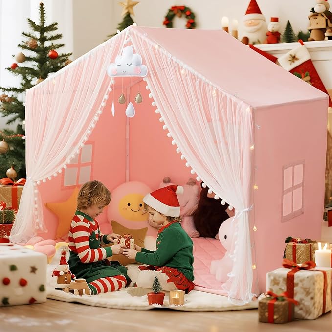 Large Kids Play Tent, 55.1in Length, Fits 3-4 Children,Indoor Playhouse for Kids, with Padded Mat and Lights, Bed Tent for Toddler, Birthday for Boys Girls